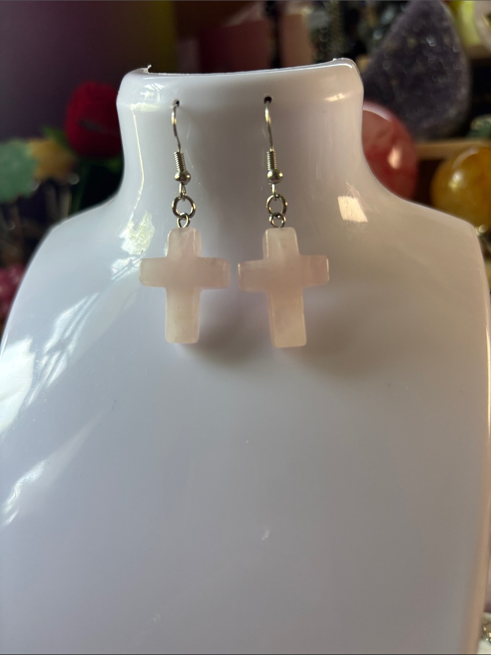 Rose Quartz Cross Dangle Earrings - Pink